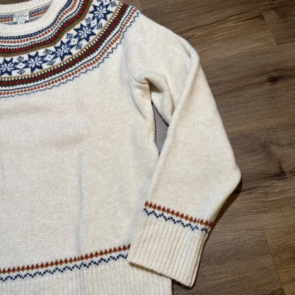 J Crew Sweater Men's XL Beige 100% Lambswool Fair Isle Yoked Crewneck Pullover - Picture 4 of 13
